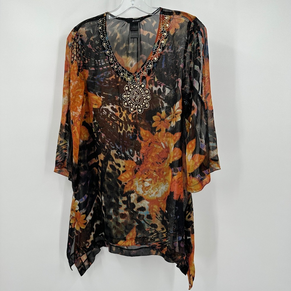 Ali Miles Womens Sheer‎ Floral Tunic Top Size S Boho Embellished Artwear Artsy